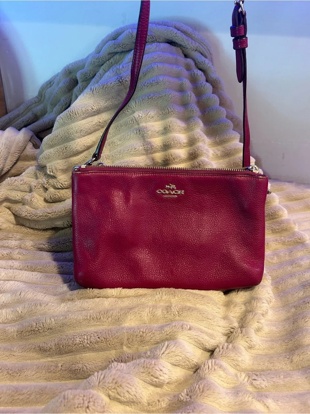 Coach Pebbled Leather Double Zip Wristlet - Raspberry - Picture 16 of 16